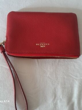 Coach Red Leather Zip Wristlet with Gold Logo